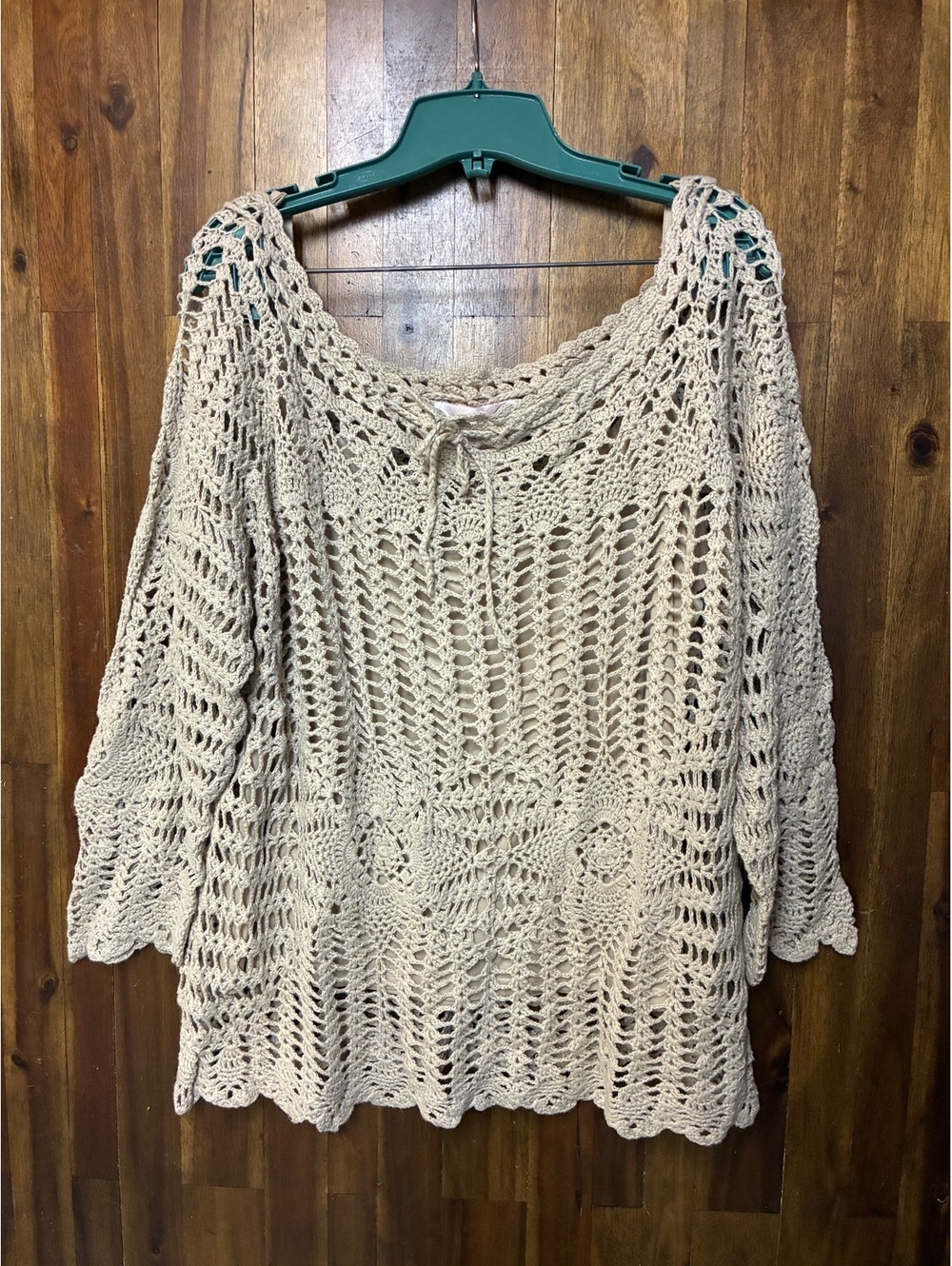 René Derhy Crochet Boatneck Top Size 18/20 Boho Fisherman Coastal Open Knit